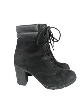 Timberland Tillston black leather lace up combat boot heels booties womens 8.5